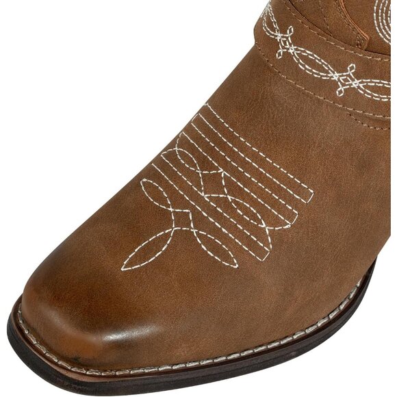 Women's Brown Fashion Western Square Toe Booties With Removable Buckle Strap - Picture 4 of 9